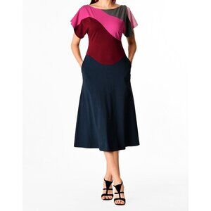 Eshaki Women's Sz 4‎ Colorblock Midi Shift Dress Short Sleeves Preppy Old Money